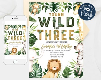 Puede incluir: Una invitación imprimible para una fiesta de cumpleaños de un niño de tres años. La invitación presenta un tema de selva con hojas verdes, un león, una cebra, un elefante y una jirafa. El texto de la invitación dice "Young Wild and Three" e incluye la fecha, la hora y el lugar de la fiesta.