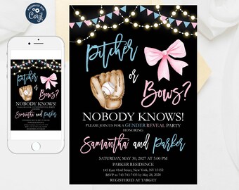 Pitcher or Bows Gender Reveal Invitation: Editable Template