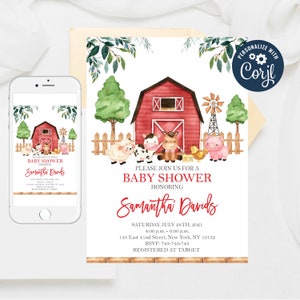 Invitación editable de baby shower de granja, baby shower de boy baryard, invitaciones de granja de género neutro, plantillas de baby shower de animales de granja rojos 72