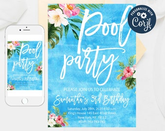 Editable Pool Party Invitation, Pool Party Invite, Summer Party, Splash Party, Floral Pool Birthday Party, Summer Birthday Templates 54