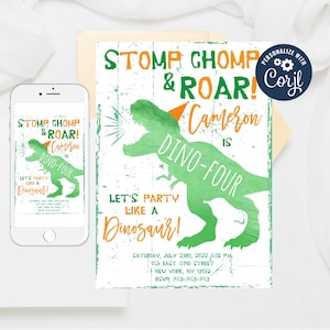 Editable Dino-Four Dinosaur Birthday Invitation, Green Dinosaur Party Template, Boy Dino T-Rex Invitation, Fourth Birthday Dino Invite 363-5