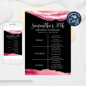 May include: A black and pink birthday itinerary for a 30th birthday celebration in New York City. The itinerary includes activities for Friday, Saturday, and Sunday. The text includes the dates October 27-29 and the phrase "The Fashionable Bar".