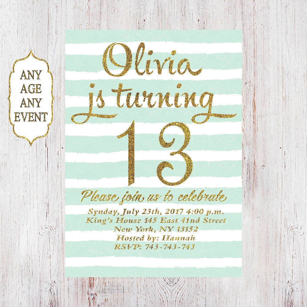 13. Geburtstag Einladungen Mädchen Mint Streifen gold glitter  Etsy