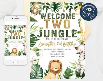 Editable Welcome Two The Jungle Invite, WILD Animal invitations,Party Animals Lion Giraffe Elephant Monkey, Jungle Birthday Invitation 354-6