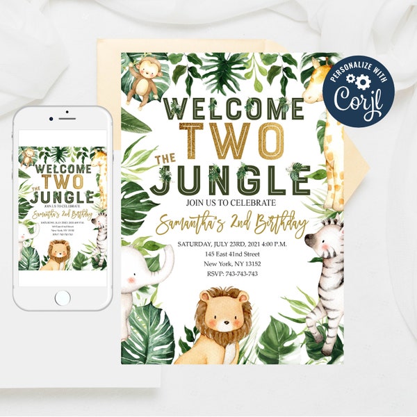 Editable Welcome Two The Jungle Invite, WILD Animal invitations,Party Animals Lion Giraffe Elephant Monkey, Jungle Birthday Invitation 354-6