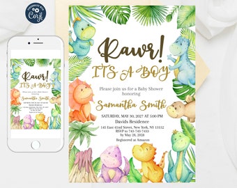 Plantilla de invitación para baby shower de dinosaurios en acuarela (editable)