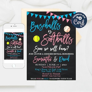 Baseball vs Softball Gender Reveal Invitation: Editable Ticket Evite