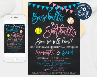 Baseball vs Softball Gender Reveal Invitation: Editable Ticket Evite