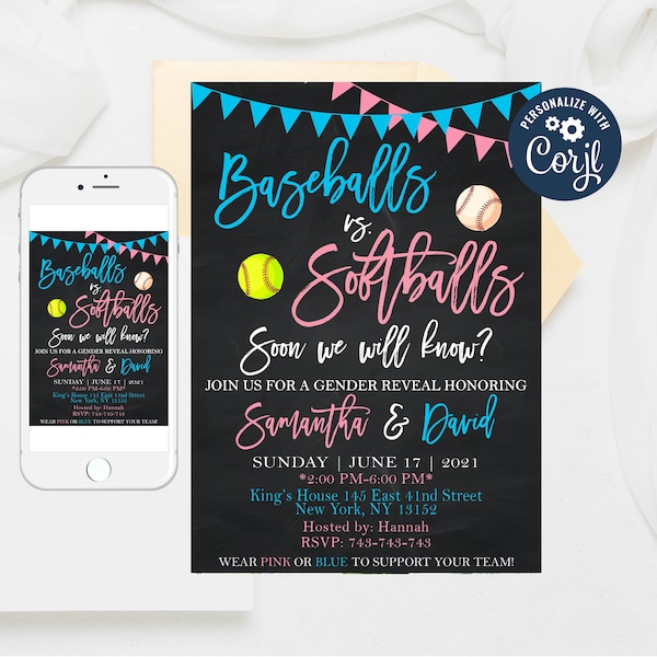 Editable Baseball Vs. Softballs Gender Reveal Party Invite Ticket Evite Gender Reveal Party Baseball Vs. Softballs Invitation Templates 343