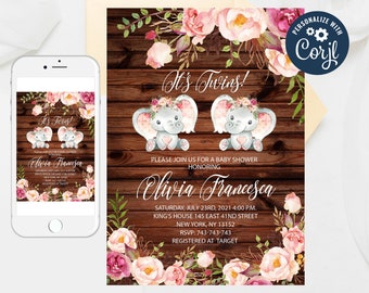 May include: It's Twins! Baby shower invitation with a rustic wood background, pink and white flowers, and two gray elephants with pink floral headbands. The text reads "It's Twins!" and includes the names "Olivia Francesca" and the date "Saturday, July 23rd, 2021 4:00 PM".
