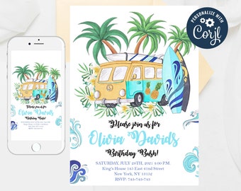 Editable Surf's Up Birthday invitation Surf Birthday Party Printable Invitation,Watercolors Surf birthday Invite,Beach Party Template 246