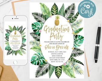 Puede incluir: Una invitación a una fiesta de graduación con temática tropical con un diseño de piña y el texto "Graduation Party" en letras doradas. La invitación incluye el nombre del graduado, la fecha, la hora, la ubicación y la información de RSVP.