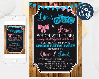 Bikes or Bows Gender Reveal Einladung Vorlage (bearbeitbar)