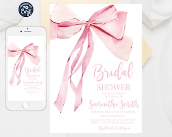 Pink Bow Bridal Shower Invitation: Editable Minimalist Design (Digital Download)