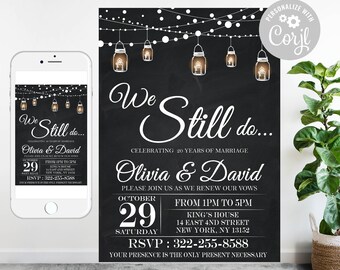 Vow Renewal Invitation: Chalkboard Mason Jar Lights (Editable Template)