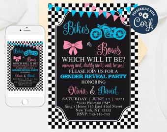 Bikes or Bows Gender Reveal Einladung: Bearbeitbare Vorlage