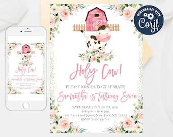 Pink Cow Birthday Invitation: Editable Farm Animal Invite (Digital)