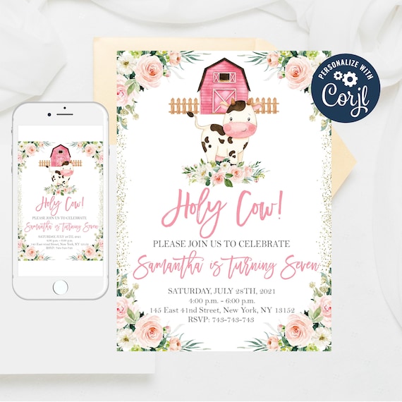 Pink Cow Birthday Invitation: Editable Farm Animal Invite (Digital)
