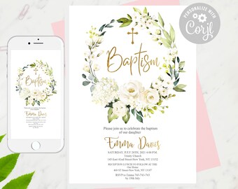 White Roses Baptism Invitation Template: Floral Communion (Editable, Instant Download)