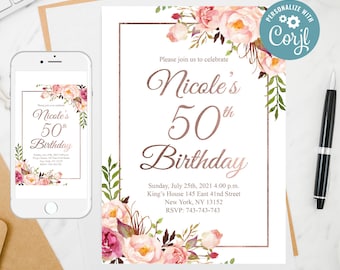 Floral 50th Birthday Invitation: Blush Rose Gold (Editable)