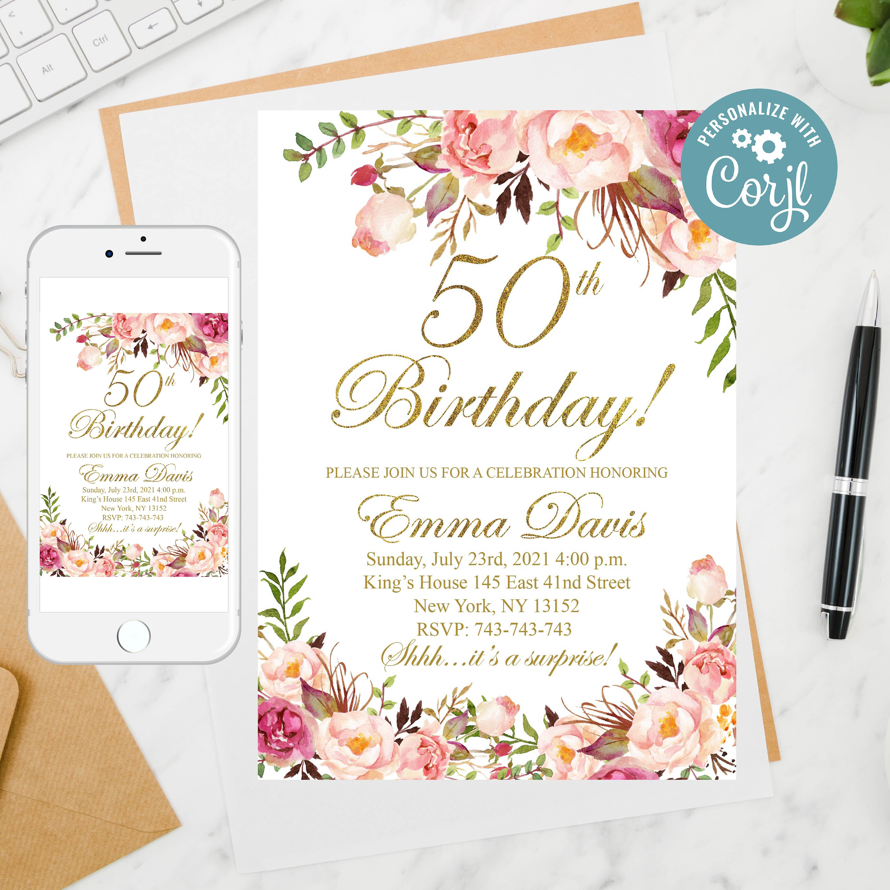Editable 50th Birthday Invitation Women Birthday Invitation