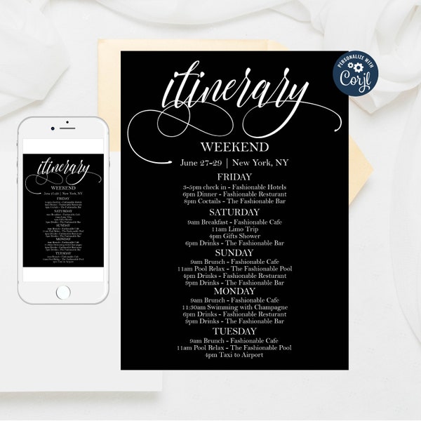 Editable Itinerary, Editable Itinerary Weekend,Hens Party Bachelorette,Birthday Weekend,Instant Download,Black White Itinerary, Template 233