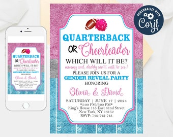 Editable Quarterback or Cheerleader Invitation, Gender Reveal, Football, Quarterback Cheerleader Gender Reveal  Invitation Templates 164