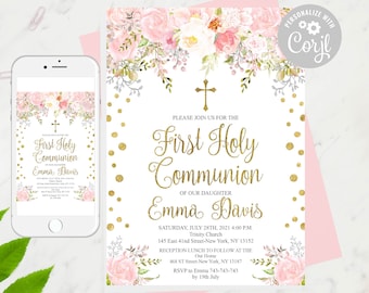 Puede incluir: Una invitación de primera comunión rosa y dorada con un diseño floral. La invitación incluye el texto "Primera Santa Comunión de nuestra hija Emma Davis" y los detalles del evento, incluyendo la fecha, la hora y el lugar.