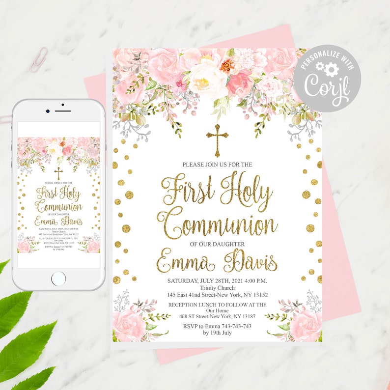 Editable First Holy Communion Invitation Girl First Communion Etsy