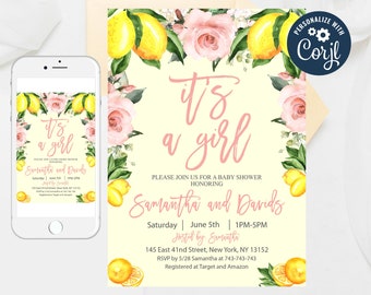 Editable Lemon Baby Shower Invitation, It's a girl Baby Shower, Lemonade Baby Shower, Floral Lemon Baby Shower, Summer Shower Templates 337