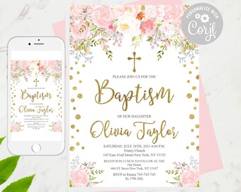 Blush Pink Floral Baptism Invitation: Gold Glitter (Editable Template)