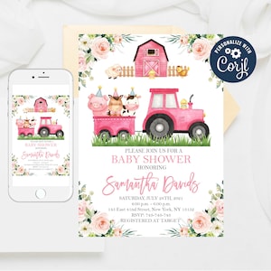 Editable Farm Baby Shower Invitation, Girl Barnyard Baby Shower Invitations, Farm Tractor Invite, Pink Farm Animals Baby Shower Templates 69