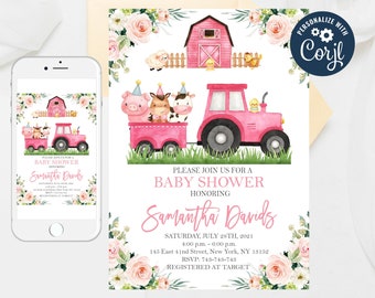 Pink Farm Animals Baby Shower Invitation Template (Editable)