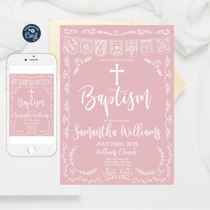 Editable Papel Picado Baptism Invitation, Blush Pink Template, Mexican Theme Girl Bautizo Invitation Template, Bautizo Instant Download