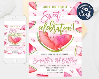 Editable Watermelon Birthday Invitation Girl, Pink Watermelon Party Invitation, Sweet Celebration Watermelon 3rd Birthday Girl Template 361
