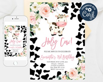 Editable Pink Cow Birthday Invitation: Barnyard Girl Party (Digital)