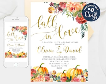 Editable Pumpkin Bridal Shower invitation, Watercolor Flowers Fall In Love Bridal Shower Invitation, Fall Bridal Shower Invite Templates 7