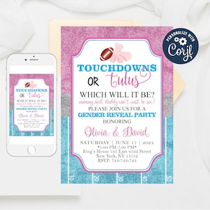 Touchdowns or Tutus Gender Reveal Invitation: Football or Ballet (Editable)
