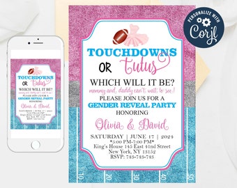 Editable Touchdown or Tutus, Touchdowns or Tutus Gender Reveal Invitation, Football or Ballet, Gender Reveal Invite, Tutus or Touchdowns 156