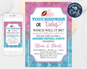 May include: A blue and pink gender reveal party invitation with a football and a tutu. The invitation says "Touchdowns or Tutus?" and asks guests to join for a gender reveal party honoring Olivia and David. The party will be held on Saturday, June 17th, 2024 from 5:00 PM to 7:00 PM at King's House, 145 East 41nd Street, New York, NY 13152. RSVP: 743-743-743.
