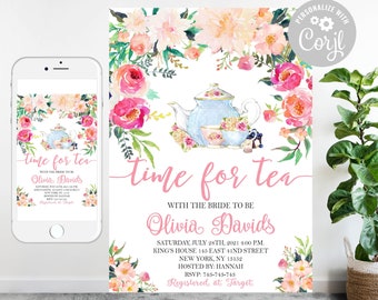 May include: A pink and white floral tea party invitation with a teapot and teacups. The invitation says "Time for Tea with the Bride to Be Olivia Davids" and includes the date, time, location, and RSVP information.