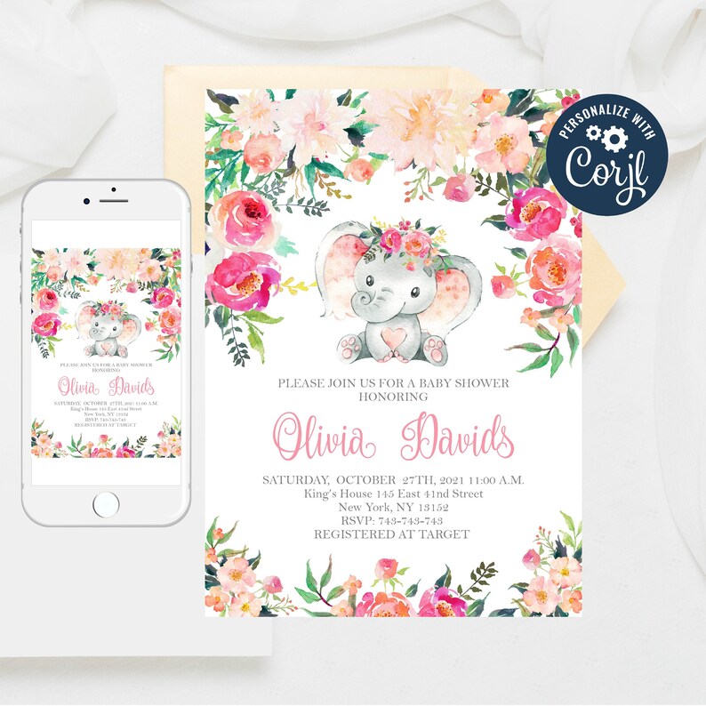 Editable Elephant Baby Shower Invitation Girl Safari Etsy