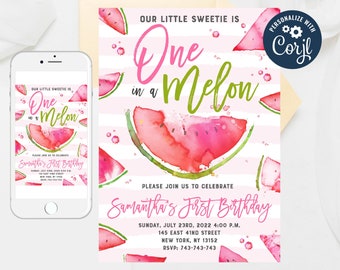 Editable Watermelon Invitation, Pink Watermelon Party, One in a Melon 1st Birthday Invitation, One in a Melon Invitation, Template 358-1