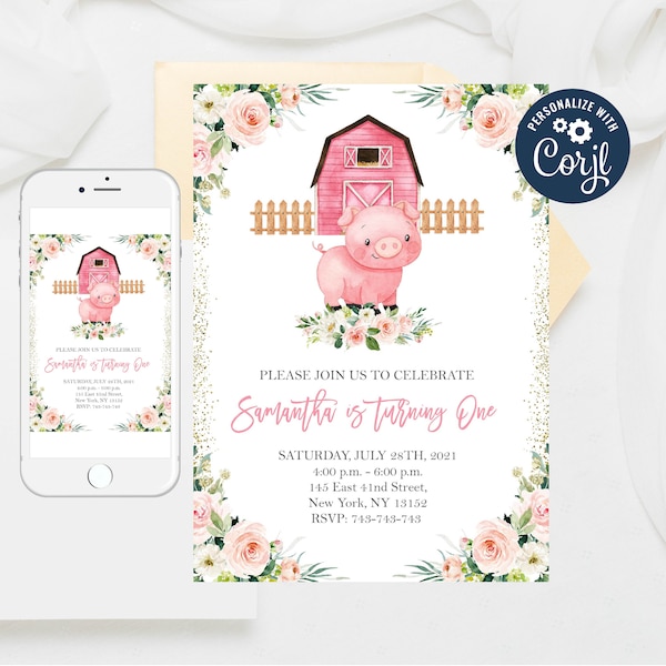 Editable Blush Pink Floral Girl Pig Birthday Invitation Barnyard Invitation Farm invitation Theme Editable Template Instant Download 59