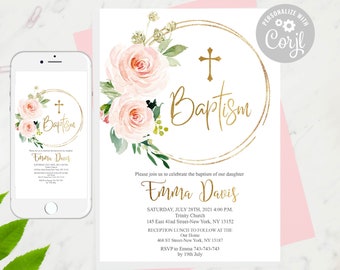 Puede incluir: Una invitación de bautismo blanca con un círculo dorado y una cruz. La invitación presenta flores de acuarela rosa y verde y el texto "Bautismo" en escritura dorada. El texto "Emma Davis" también está en escritura dorada y la fecha y la hora del bautismo se enumeran a continuación.