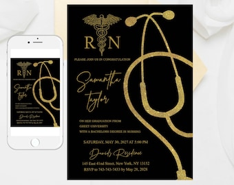 Editable Nursing Graduation Announcement: Gold Stethoscope Invitation (Digital)