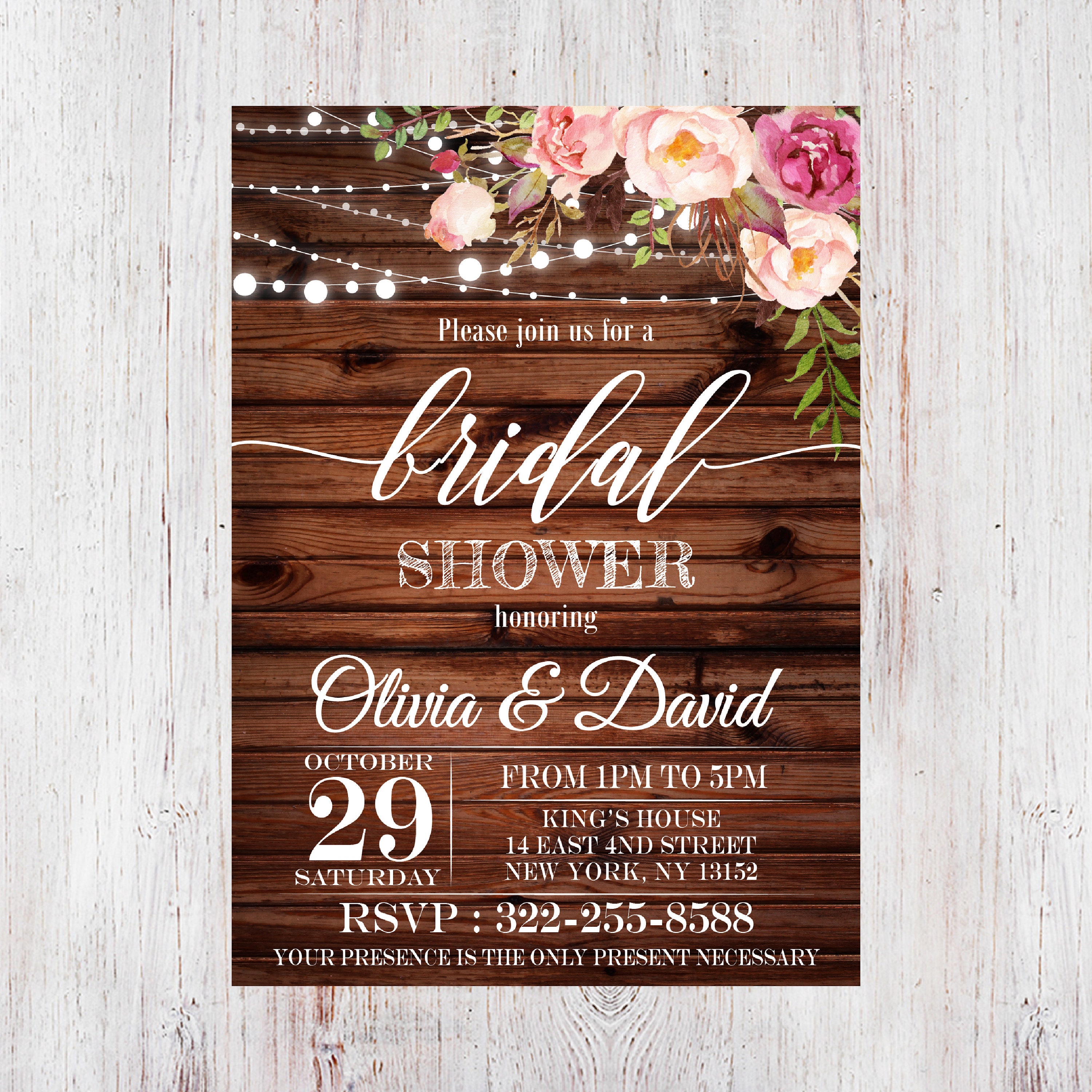 Rustic Bridal Shower Invitation String Light 50