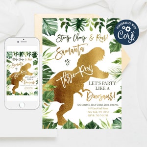 Editable Three-Rex Dinosaur Birthday Invitation: Gold Dino Party Template