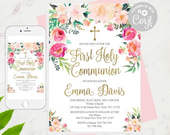 Pode incluir: Um design floral rosa e branco com texto dourado brilhante para um convite de Primeira Comunhão. O convite inclui o nome Emma Davis, a data e a hora do evento, e a localização da igreja e da recepção. As informações de RSVP também estão incluídas.