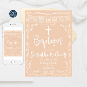 Editable Papel Picado Baptism Invitation, Blush Peach Template, Mexican Theme Girl Bautizo Invitation Template, Bautizo Instant Download